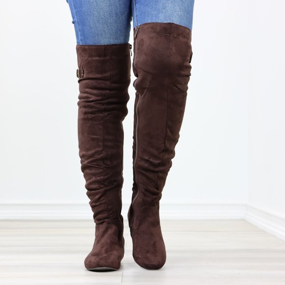 Brown Thigh High Over The Knee Flat Boots Faux Suede Laced Back - Picture 10 of 14